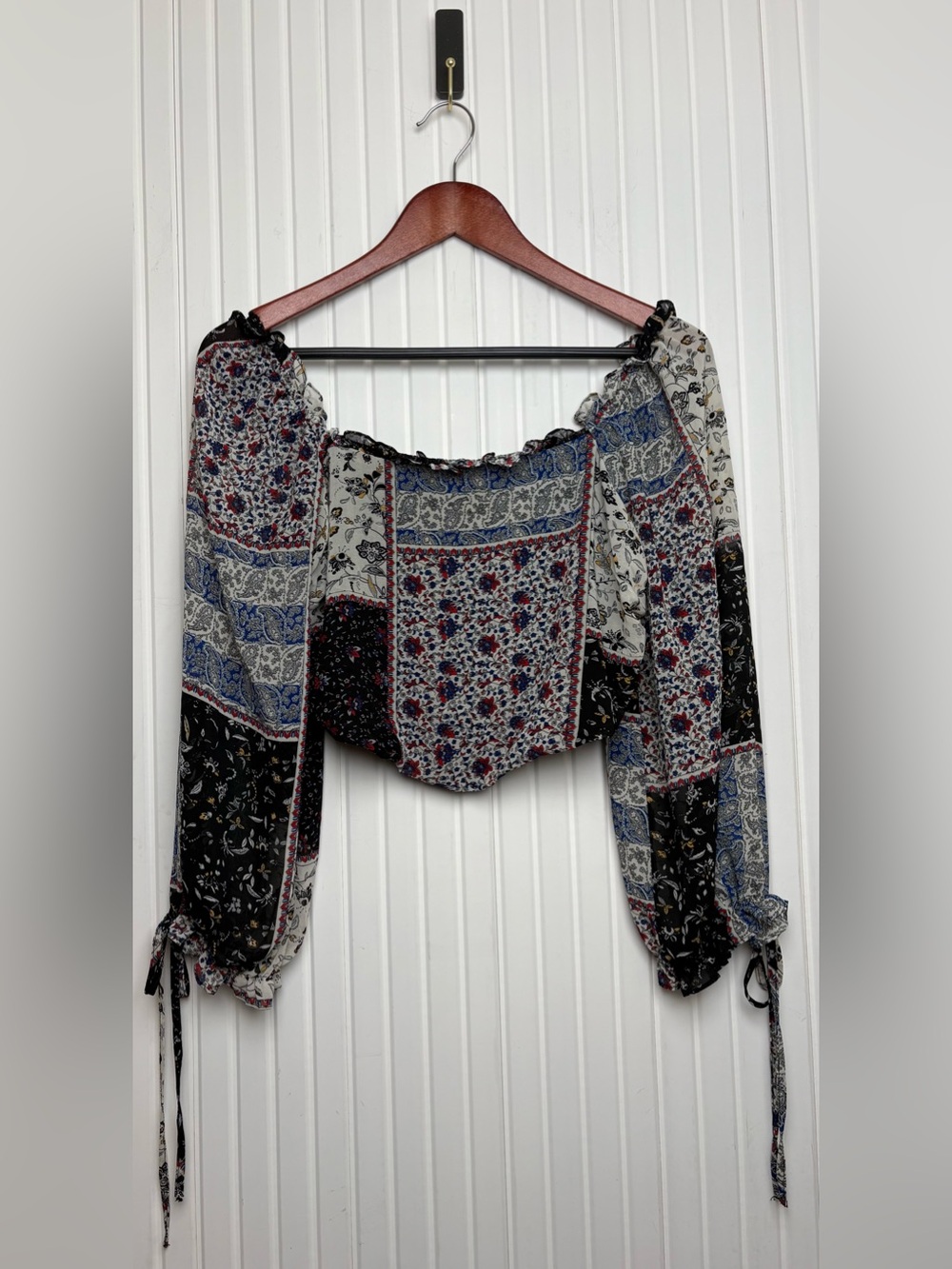 Women’s Off Shoulder Puff Sleeve Patchwork Crop Top M Bohemian Cottage Ren Faire